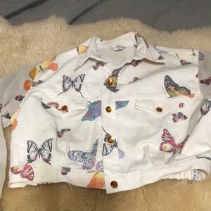 Denim white butterfly crop jacket with sheer sleeves size L